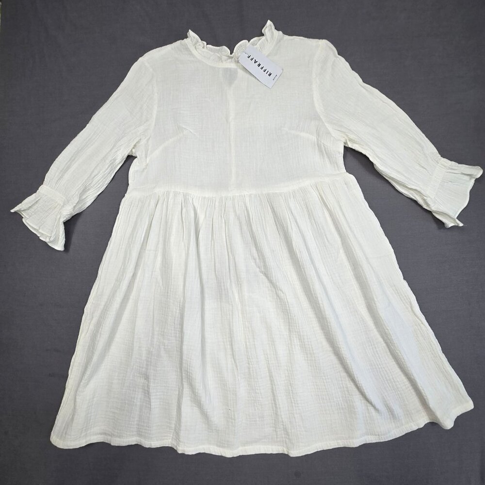 NEW White Ruffle Neck Cotton Blend Dress Medium Beachy Boho